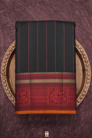 Striped Threadwork Design Black Kanchipuram Silk Saree