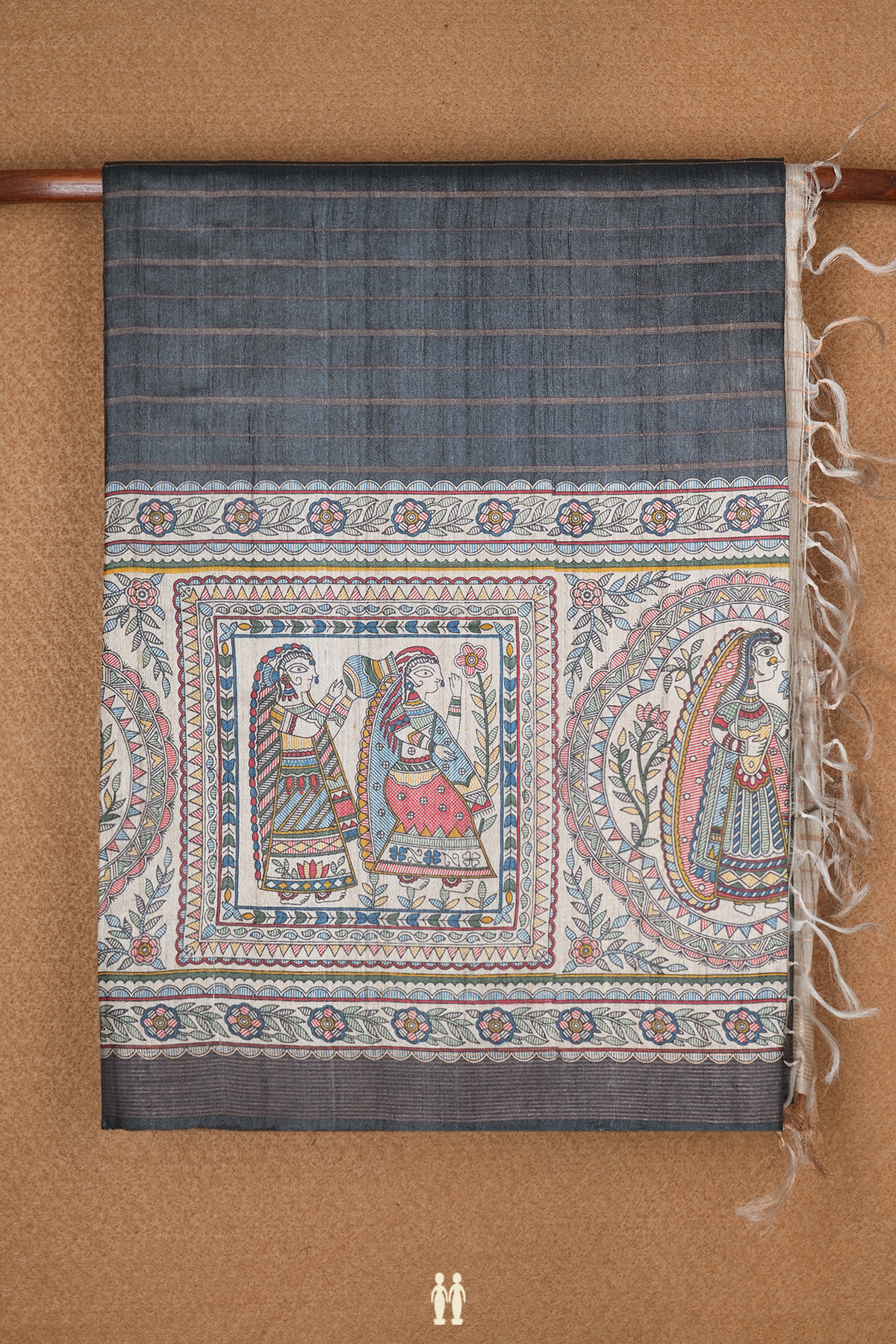 Stripes Design Dark Grey Tussar Madhubani Silk Saree