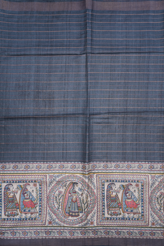 Stripes Design Dark Grey Tussar Madhubani Silk Saree