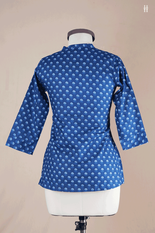 Chinese Neck Allover Design Berry Blue Cotton Short Top