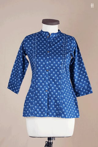 Chinese Neck Allover Design Berry Blue Cotton Short Top