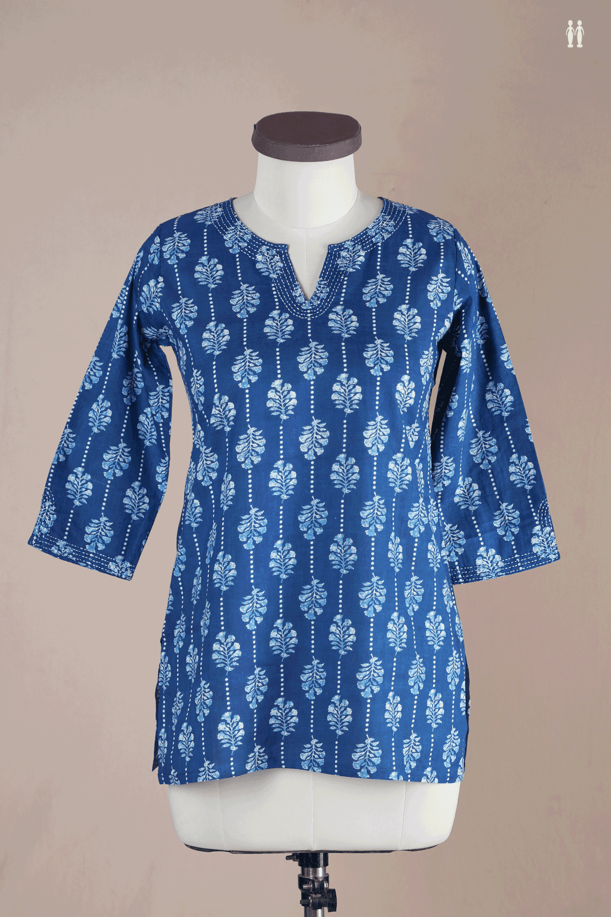 Split Neck Floral Design Berry Blue Printed Cotton Short Top