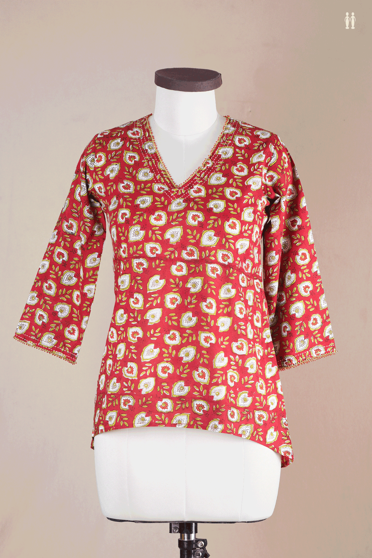 V-Neck Floral Design Ruby Red Cotton Short Top