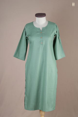 V-Split Neck Plain Dusty Green Rayon Cotton Long Kurta