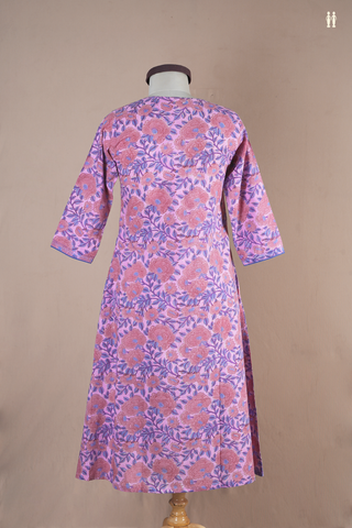 Front Tie Up Floral Design Lavender Cotton Long Kurta