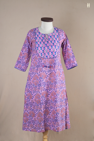 Front Tie Up Floral Design Lavender Cotton Long Kurta