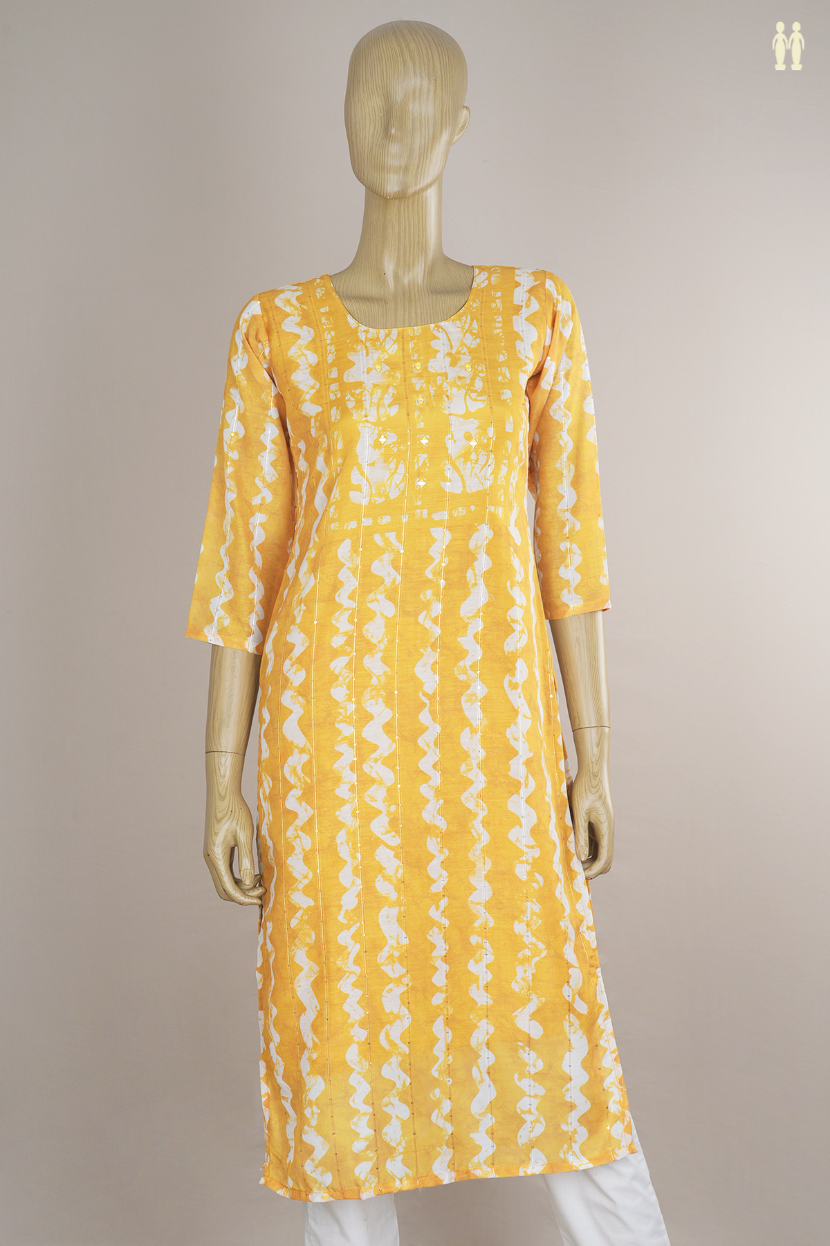 Round Neck Allover Design Honey Yellow Chanderi Long Kurta