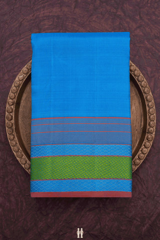 Threadwork Border Plain Azure Blue Kanchipuram Silk Saree