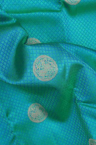 Threadwork With Buttas Peacock Blue Kanchipuram Silk Saree