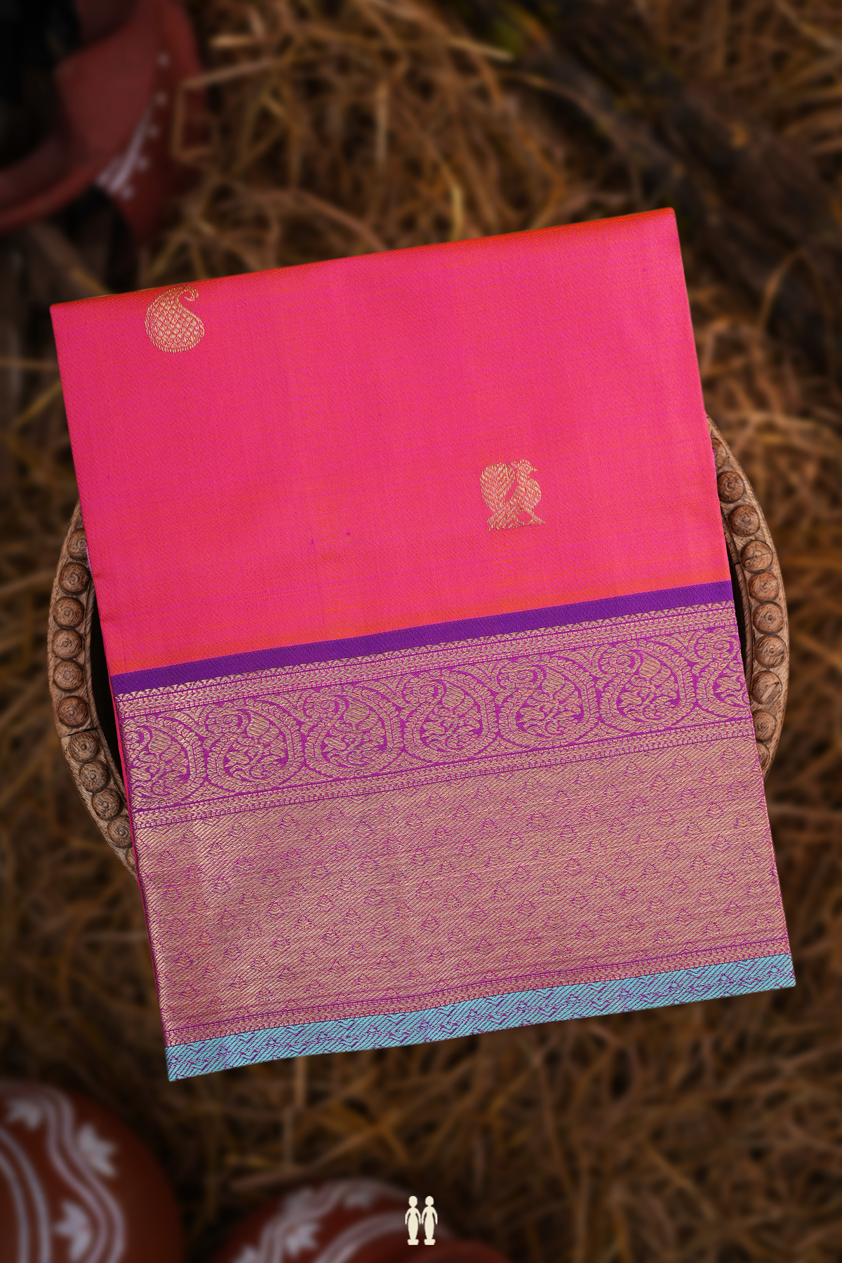 Traditional Motifs Pink Kanchipuram Silk Pavadai Material