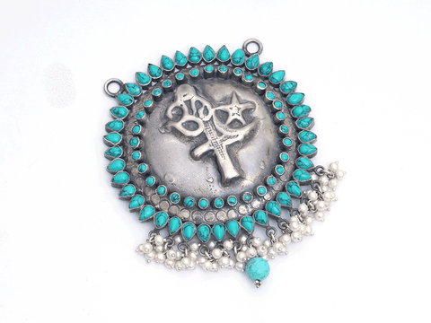 Turquoise Stone With Beads Pure Silver Pendant