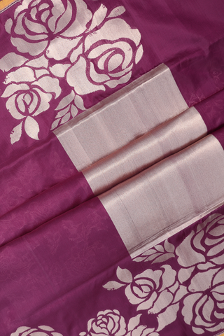 Banarasi Silk Saree In Plain Berry Purple With Floral Border