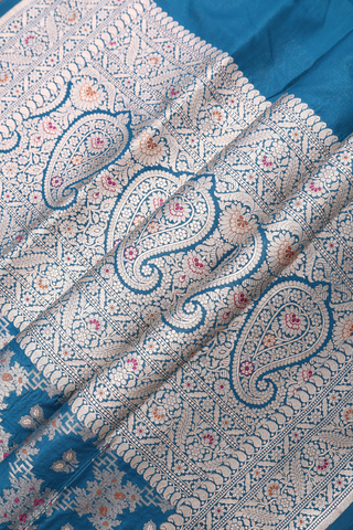 Floral Zari Design Teal Blue Banarasi Silk Saree