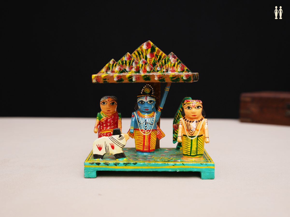 Wooden Krishna With Cow And Goverdhan Parvat Idol For Golu