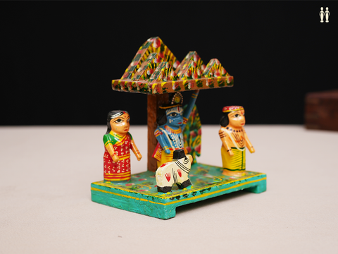 Wooden Krishna With Cow And Goverdhan Parvat Idol For Golu