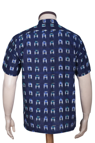 Chinese Collar Navy Blue Ikat Cotton Shirt