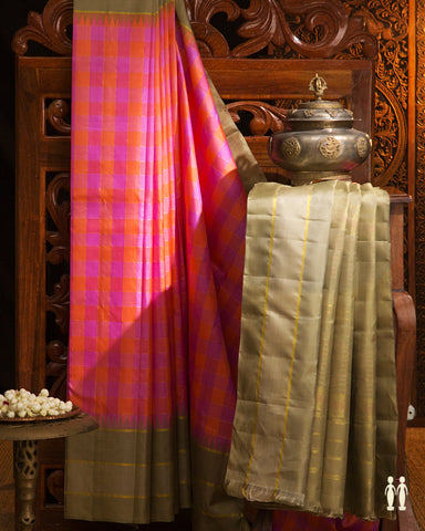 Gold Zari Checks Coral Orange And Lavender Kanchipuram Silk Saree