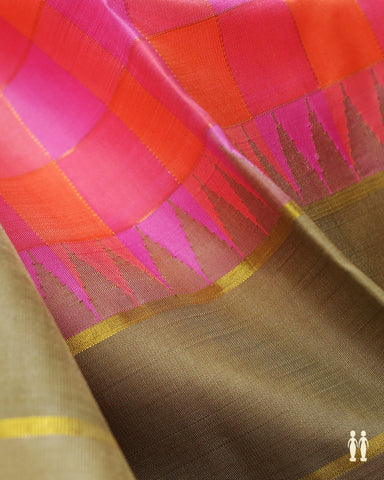 Gold Zari Checks Coral Orange And Lavender Kanchipuram Silk Saree