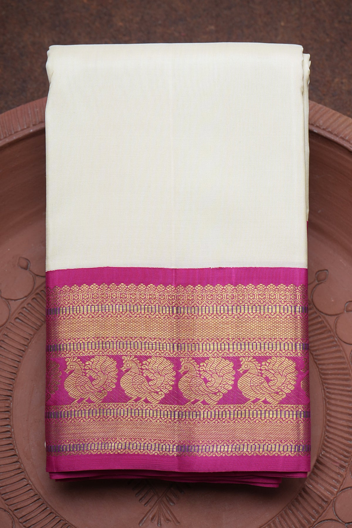 Contrast Korvai Zari Border Plain Off White Kanchipuram Silk Saree