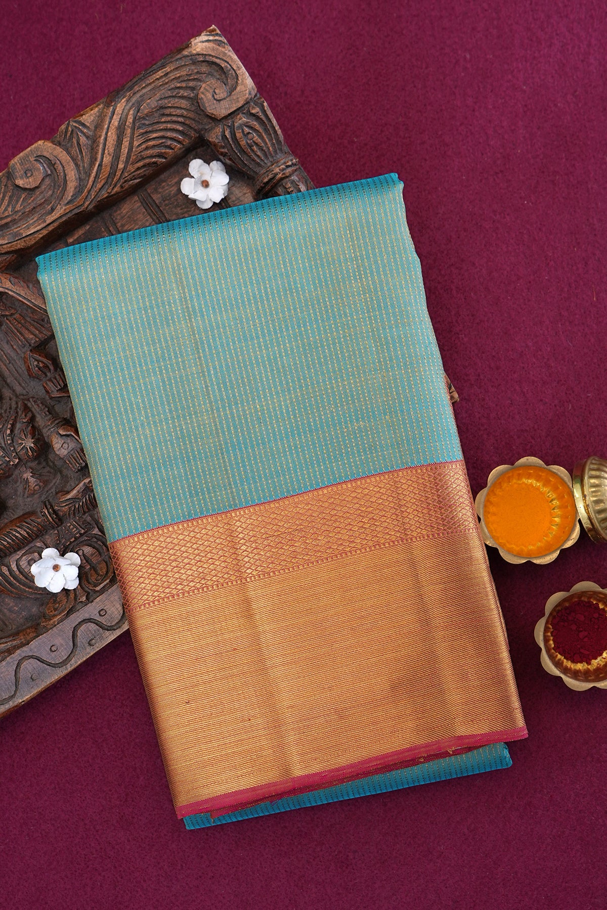 Stripes With Contrast Border Teal Blue Kanchipuram Silk Saree