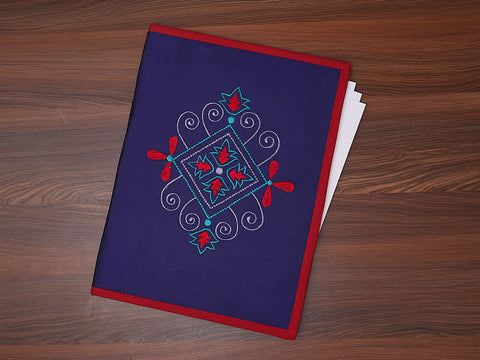 Handicraft Embroidered Floral Design Royal Blue File Folder