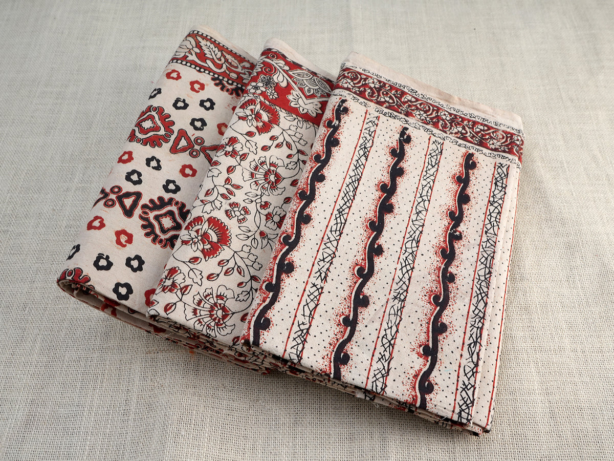 Kalamkari Printed Set Of 3 Cream Color Cotton Lungies