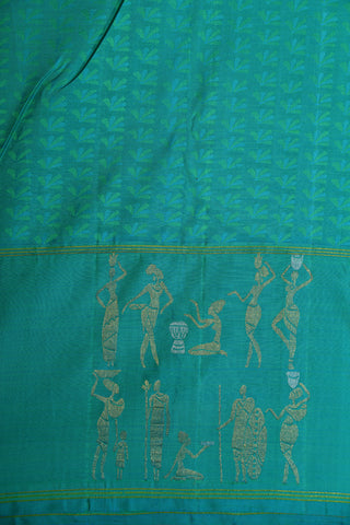 Warli Art Motif Border Pear Green Kanchipuram Silk Saree