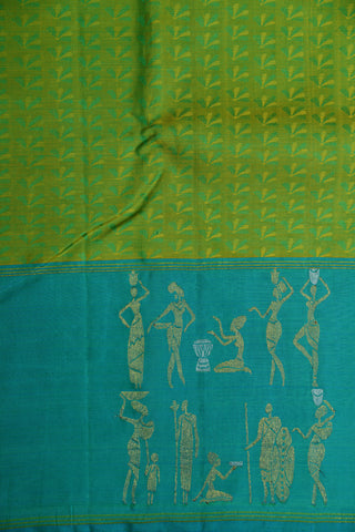 Warli Art Motif Border Pear Green Kanchipuram Silk Saree