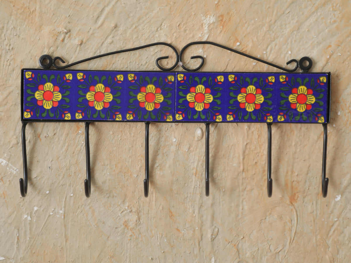 Painted Ceramic Tile Wall Hanger With 6 Hooks