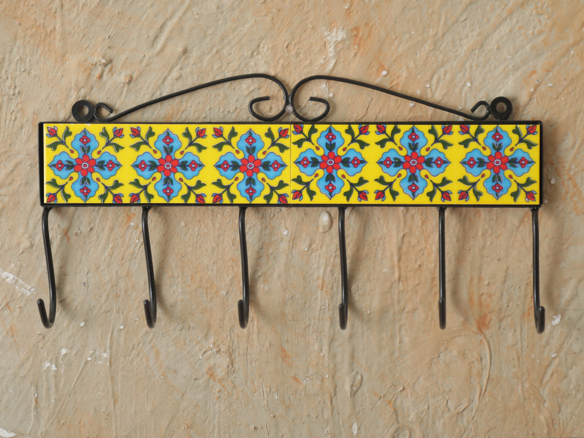 Painted Ceramic Tile Wall Hanger With 6 Hooks