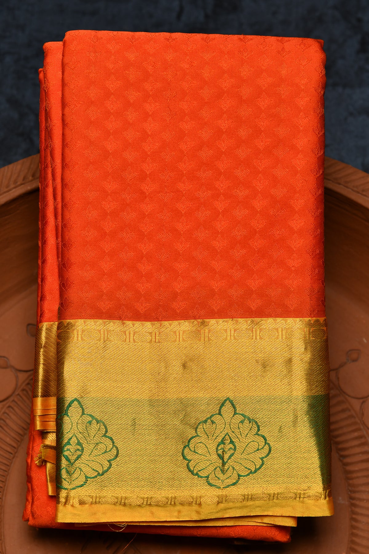 Contrast Zari Border With Self Jacquard Buttis Orange Kanchipuram Silk Saree