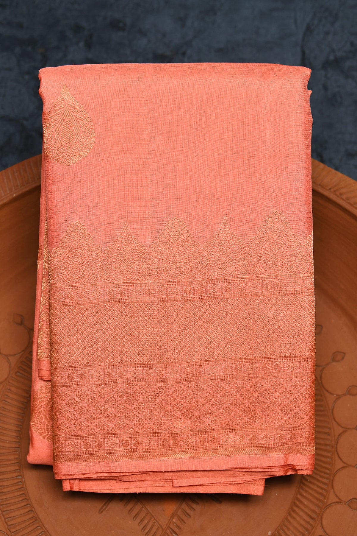 Copper Zari Traditional Border In Butta Salmon Pink Kanchipuram Silk Saree