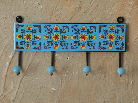 Painted Ceramic Tile Wall Hanger With 4 Hooks