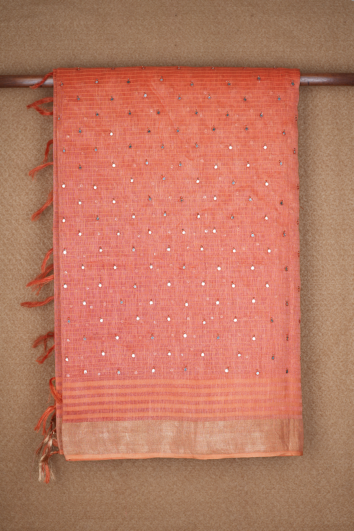 Mirror Work Design Coral Orange Linen Saree