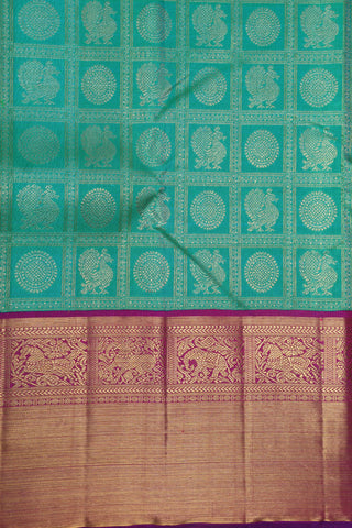 Contrast Zari Border With Checks And Mayil Chakram Buttas Green Kanchipuram Silk Saree