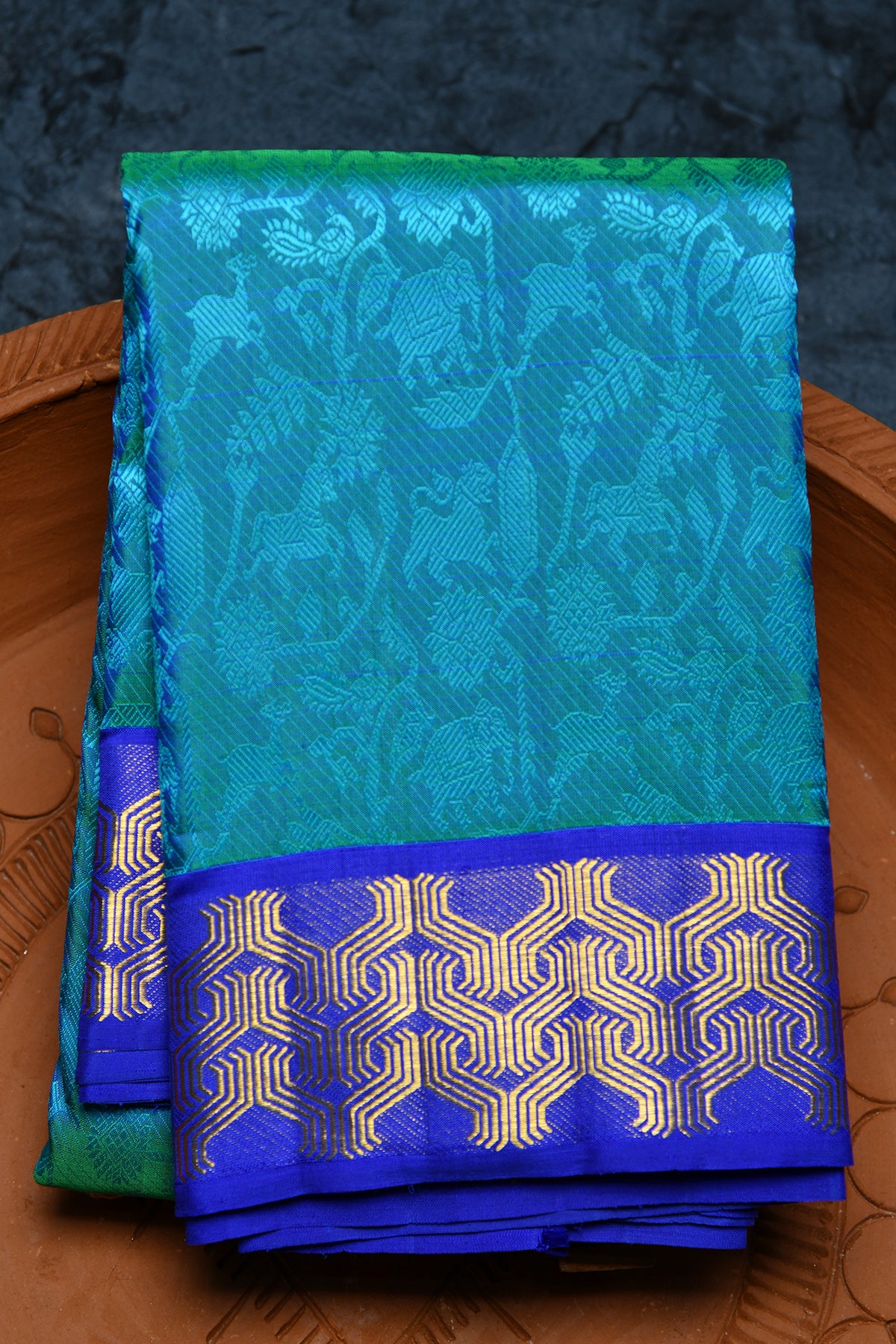 Jacquard Vanasingaram Design Turquoise Blue Kanchipuram Silk Saree