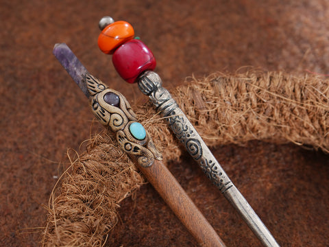 Set Of 2 Metal And Wood Hair Bun Stick