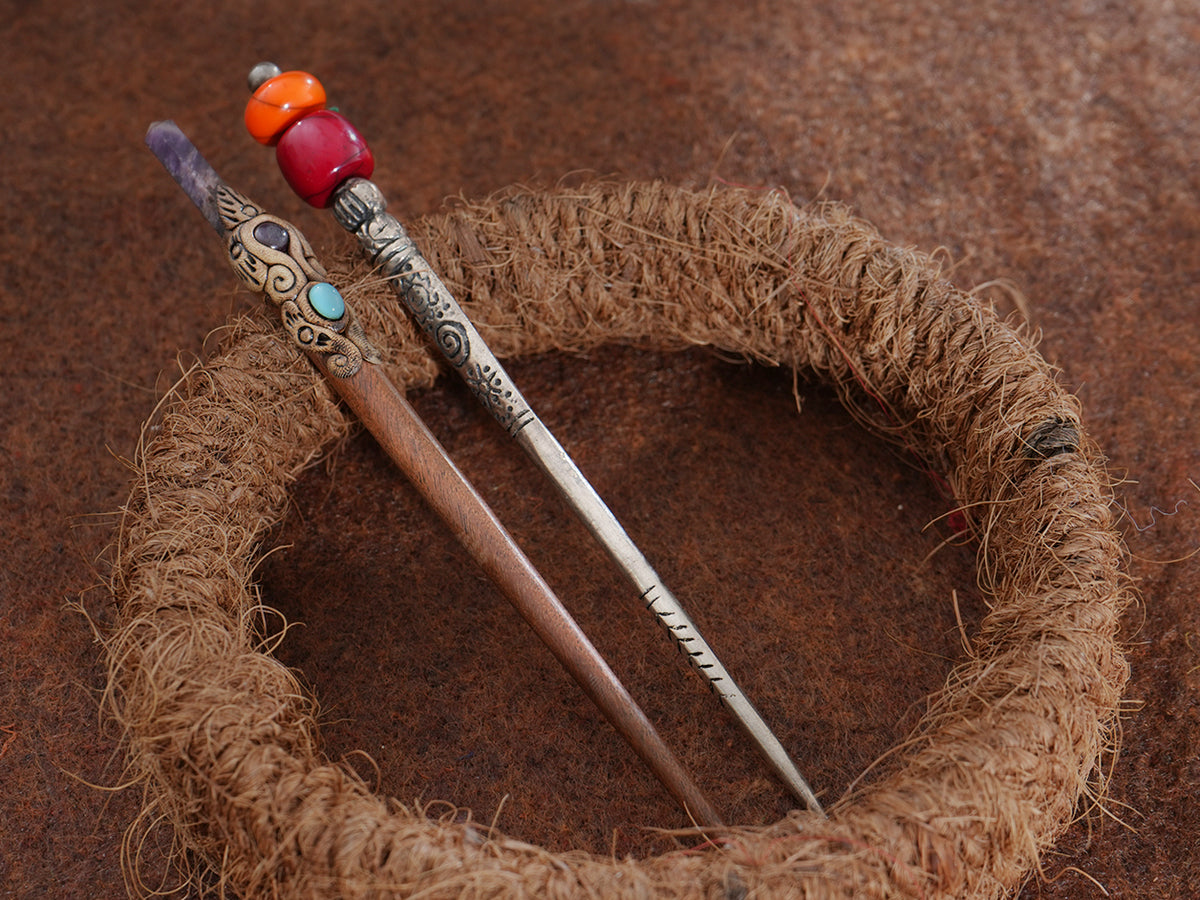 Set Of 2 Metal And Wood Hair Bun Stick