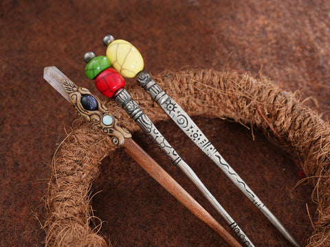 Set Of 3 Metal And Wood Hair Bun Stick