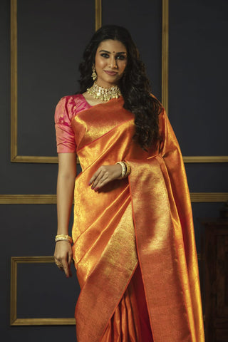 Cart And Animal Designs Peach Orange Kanchipuram Silk Saree