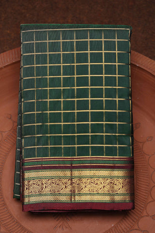 Peacock Zari Border With Zari Checks Leaf Green Kanchipuram Silk Saree