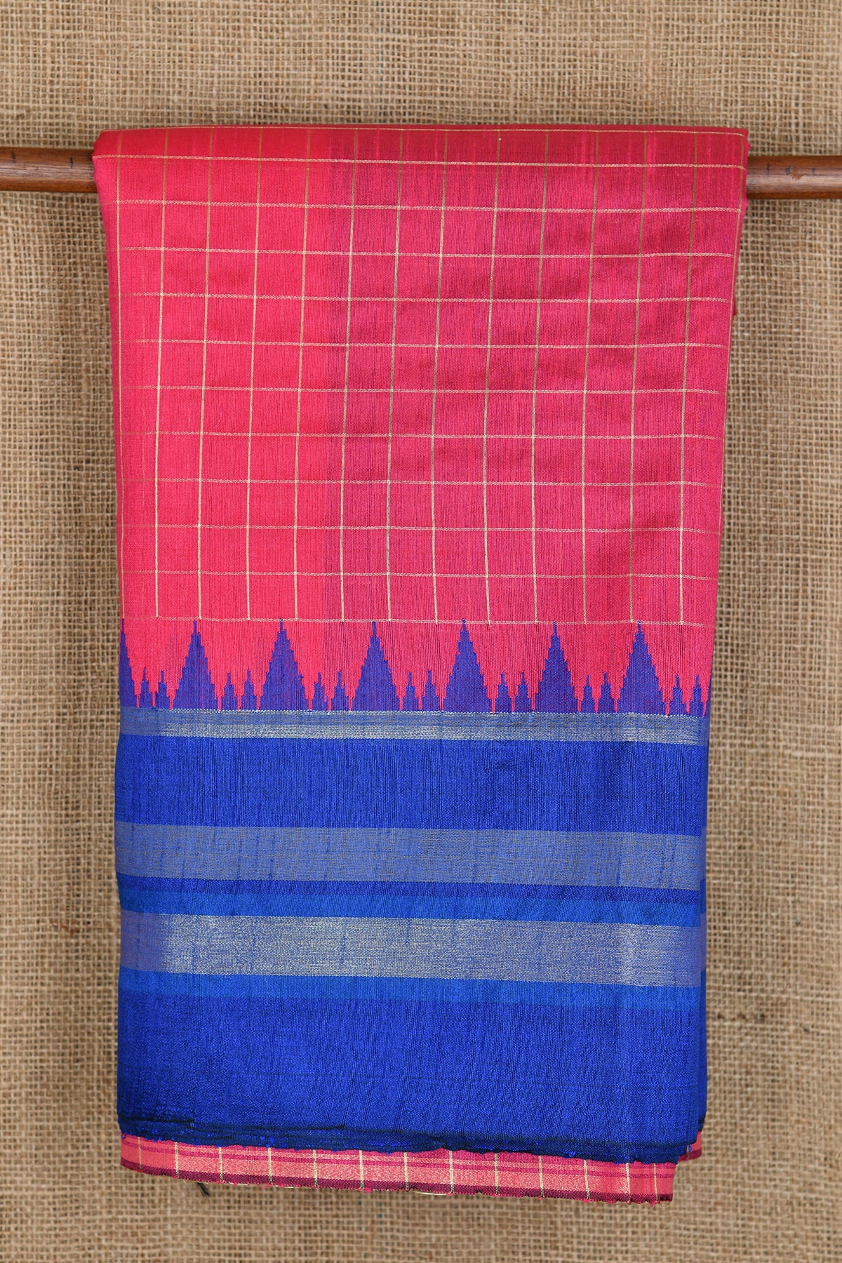 Contrast Big Border With Zari Checks Hot Pink Raw Silk Saree