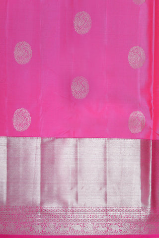 Big Silver Zari Border With Peacock Butta Hot Pink Kanchipuram Silk Saree