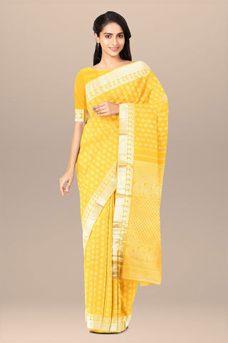 Silver Zari Paisley Border In Brocade Yellow Kanchipuram Silk Saree