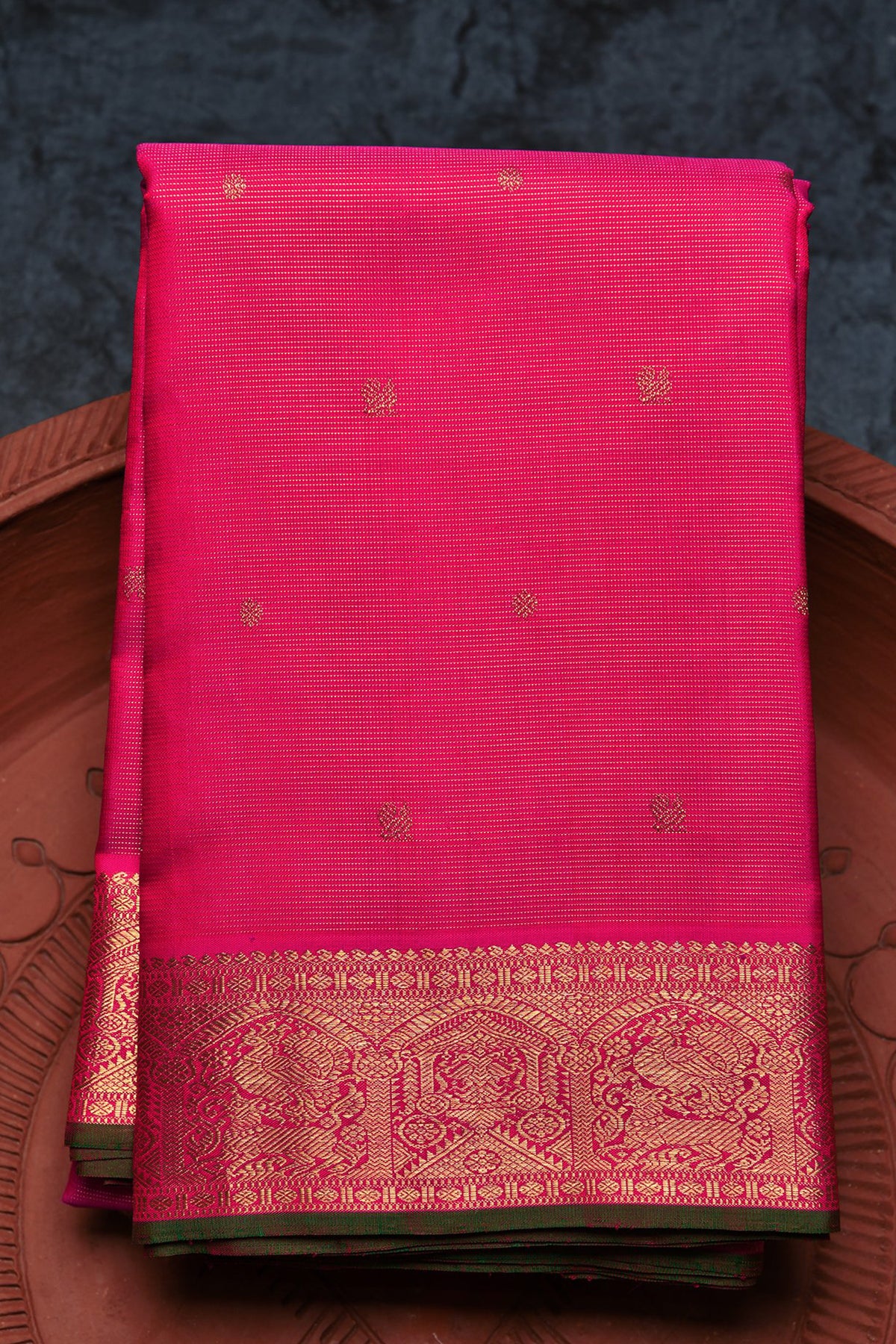 Cart With Animal Design Border With Buttis Watermelon Pink Kanchipuram Silk Saree