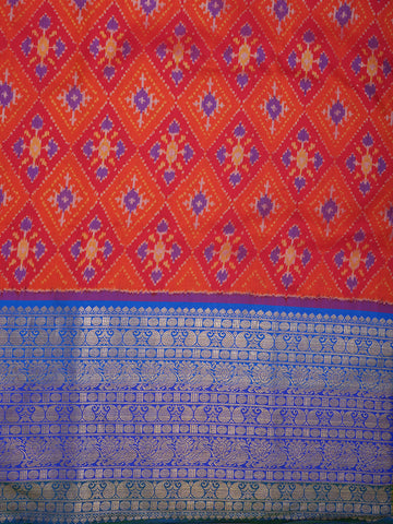 Allover Ikat Design With Traditional Border Bright Orange Pochampally Silk Unstitched Blouse Material