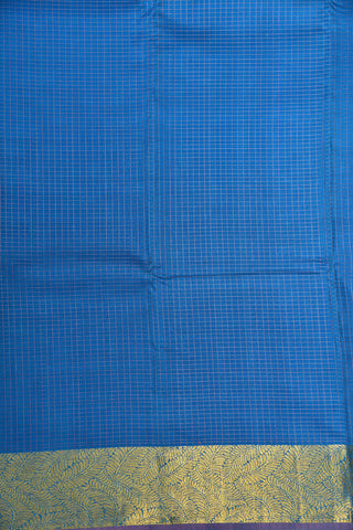 Leaf Design Border With Zari Checks Cerulean Blue Kanchipuram Silk Saree