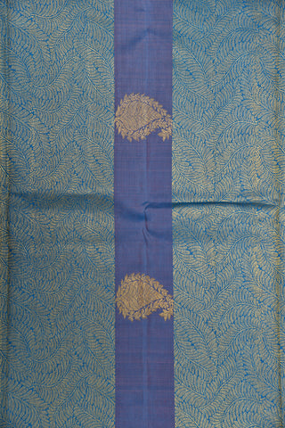 Leaf Design Border With Zari Checks Cerulean Blue Kanchipuram Silk Saree