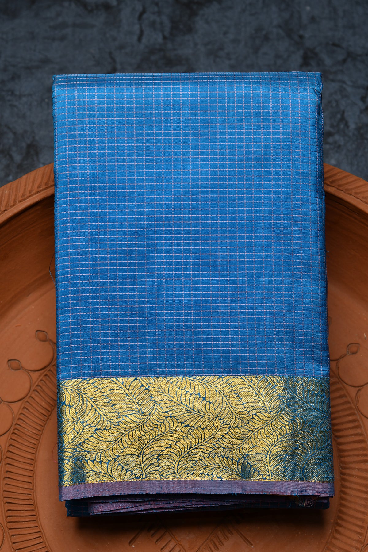 Leaf Design Border With Zari Checks Cerulean Blue Kanchipuram Silk Saree