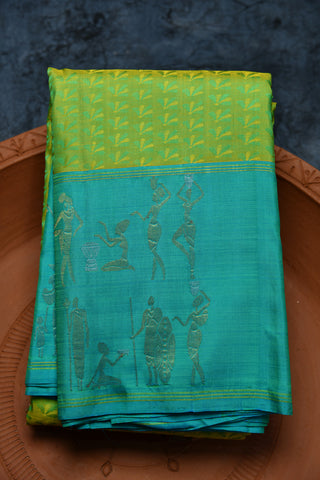 Warli Art Motif Border Pear Green Kanchipuram Silk Saree